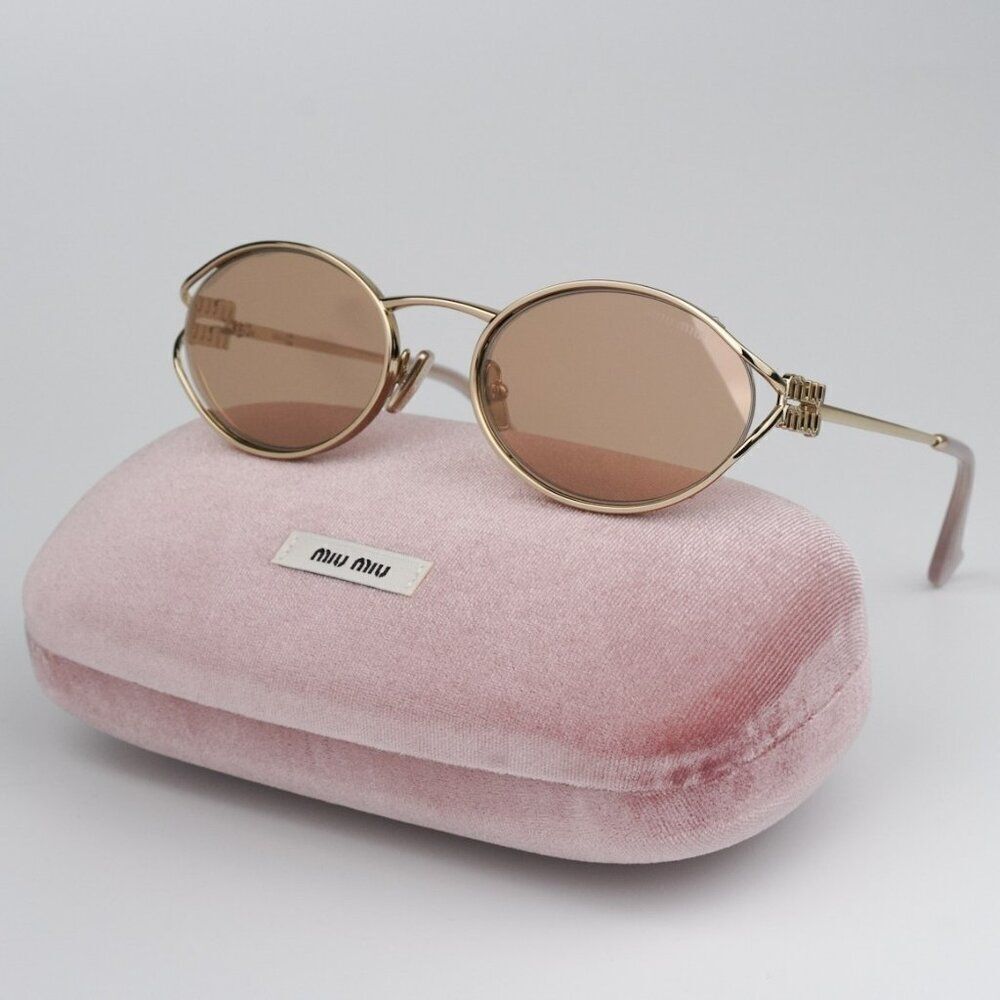 NEW Miu Miu MU52YS ZVN20F Pale Gold Pink Mirror Silver Oval Unisex Sunglasses